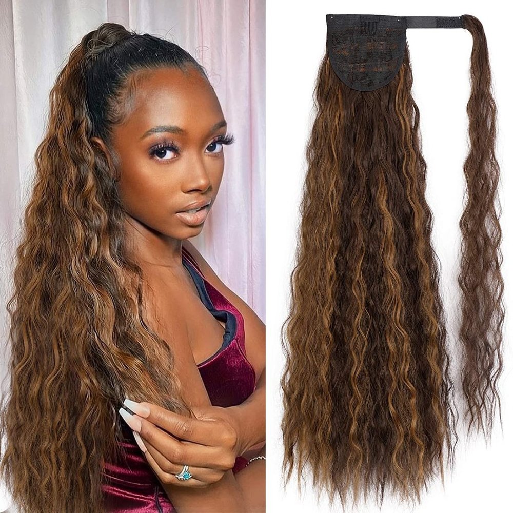 Long Corn Wave Ponytail Extension Magic Paste Heat Resistant Wavy Synthetic Wrap